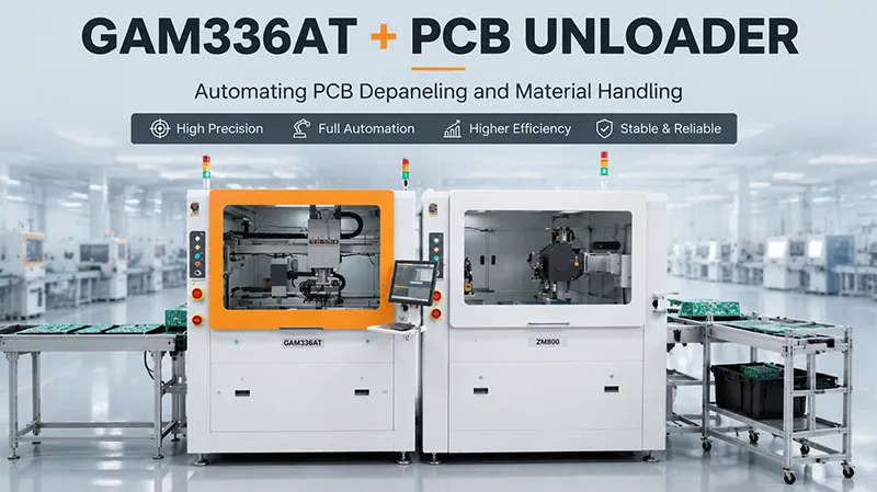 GAM336AT + PCB Unloader for Consumer Electronics Manufacturing Automating PCB Depaneling and Material Handling