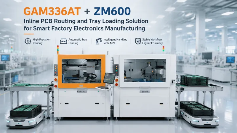 GAM336AT + ZM600 Inline PCB Routing and Tray Loading Solution for Smart Factory Electronics Manufacturing